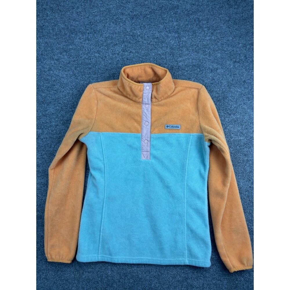 Columbia Fleece Pullover‎ Women's XS Tan Blue Colorblock 1/2 Snap Up Mock Neck